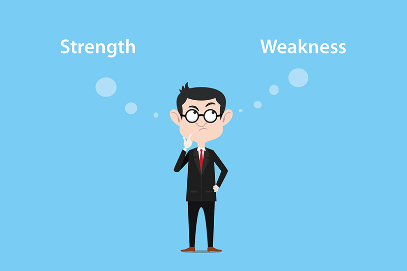 cartoon man in a suit thinking between strengths and weaknesses